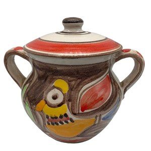 Vintage 1968 Brown Orange Giovani Desimone Lidded Jar Birds Signed Dbl Handled